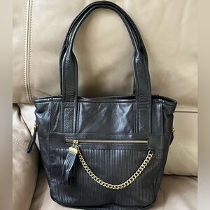 b. makowsky Black Leather Shoulder Bag with Gold Chain Accent